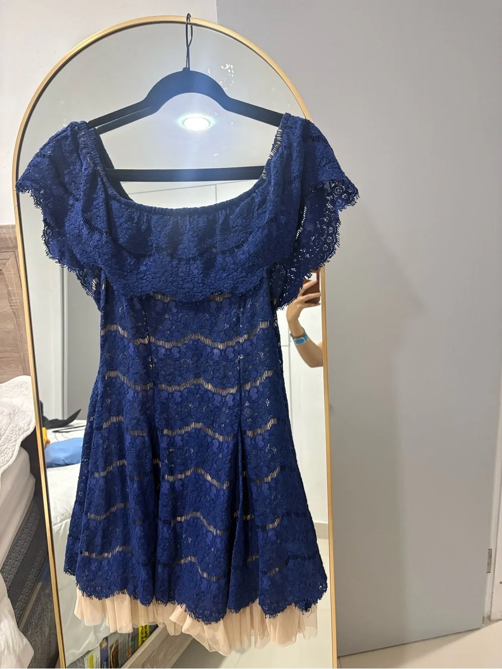 Francesca's Collections Navy Lace Party Dress with Cream Tulle Hem